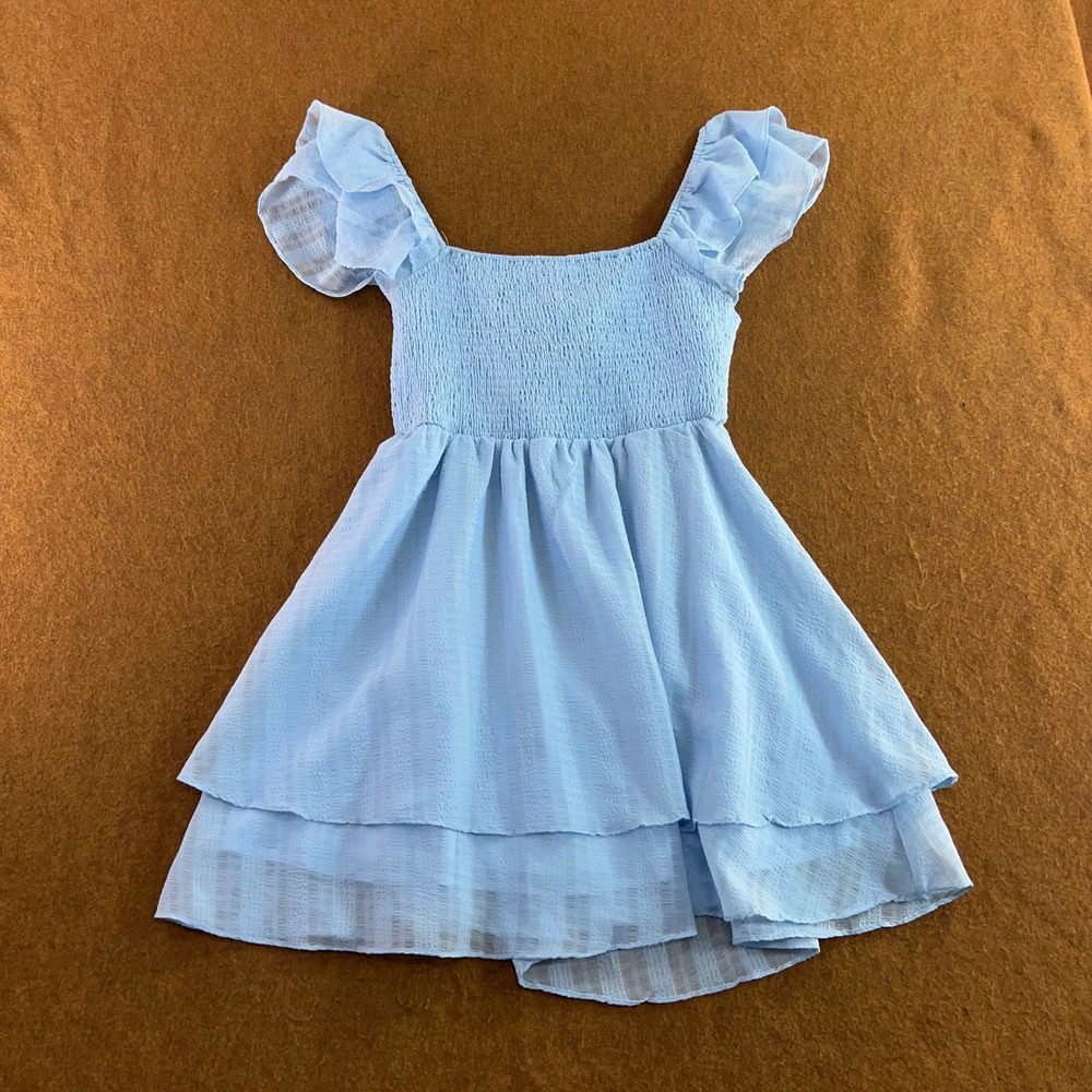 Altar'd State Womens Medium Blue Smocked Tie Back Flutter Sleeve Mini Dress New